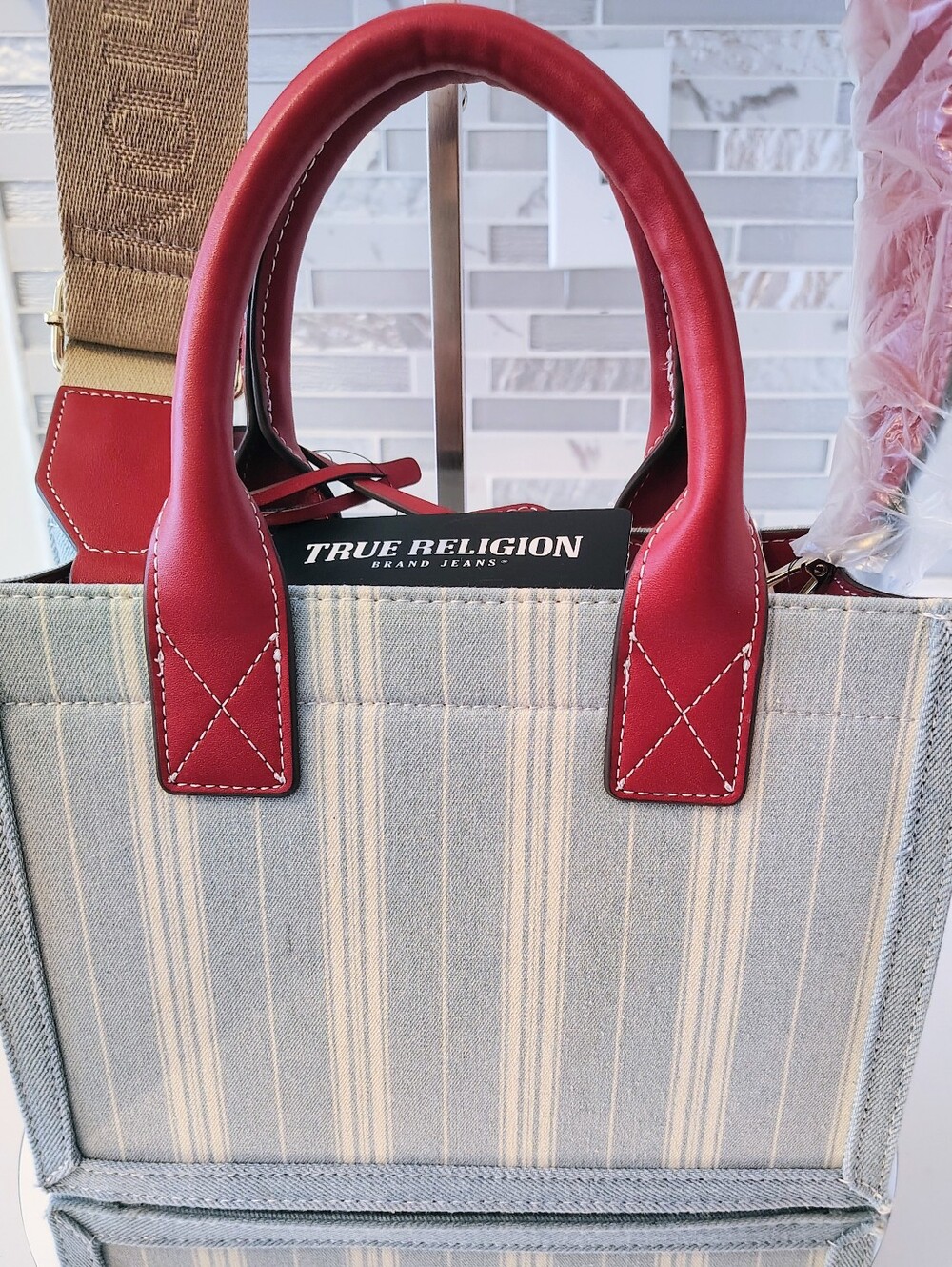 NWT True Religion Denim Tote Bag - Red Leather Trim - Picture 2 of 7